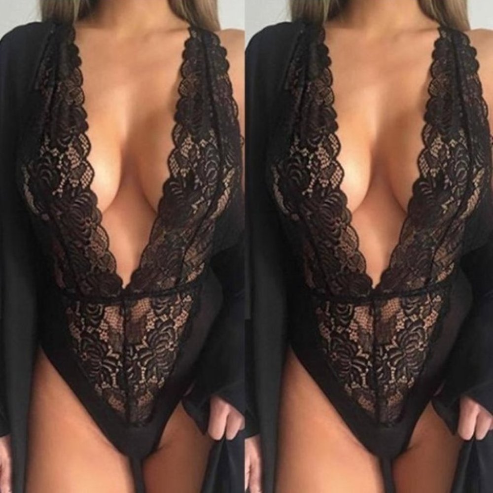 Sexy Lingerie Women's Lace Bodysuit_BLACK